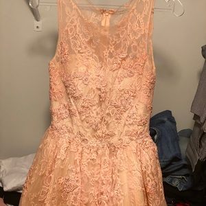 Lace floral detail short dress in Coral color